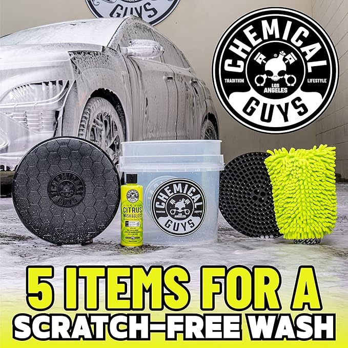 Chemical Guys CWS_301_64BK Car Wash Detailing Bucket, Mitt & Accessories Bundle (6 Items) Featuring Citrus Wash & Gloss Foaming Car Wash Soap, 64 oz (.5 Gal) - Works on Cars, Trucks, SUVs, RVs & More