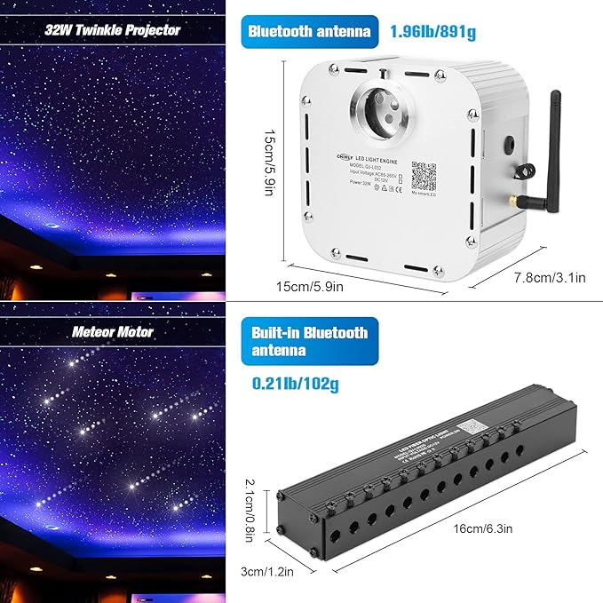 CHINLY 32w Meteor Twinkle 1000pcs 0.03in 16.4ft Bluetooth RGBW LED Fiber Optic Star Ceiling Light,APP/Remote +Shooting Stars Light kit+Adapter+Cigarette Lighter+10 Crystals,for Car/Ceiling