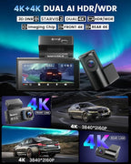4K+4K Dash Cam Front and Rear, Sarmert C4 Dash Cam Free 128GB Card Included, Built-in GPS and 5G WiFi, HDR Night Vision, WDR Dash Camera for Cars, App, 24H Parking Mode
