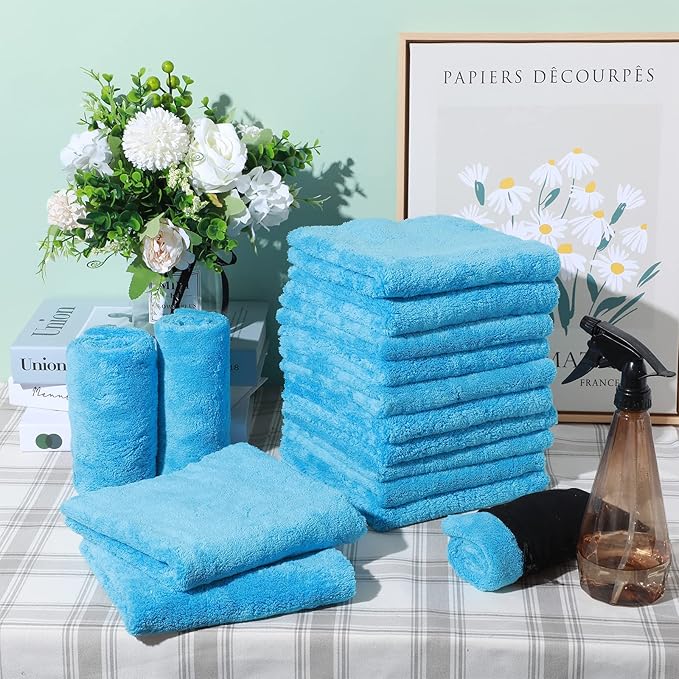 Shimeyao 30 Pcs Edgeless Microfiber Plush Towels for Cars Detailing Drying Wash Polishing Absorbent Cleaning Cloths, 500 GSM (16 x 16 Inch,Light Blue)