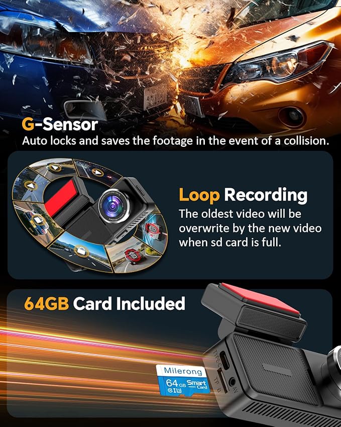 4K Dual Dash Cam Front and Rear, 4K+2K Dashcam with 5GHz WiFi & APP Control, Dash Camera for Cars with 64GB Card, 24H Parking Monitor, Night Vision, Loop Recording, G-Sensor, WDR, 3.2" IPS Screen