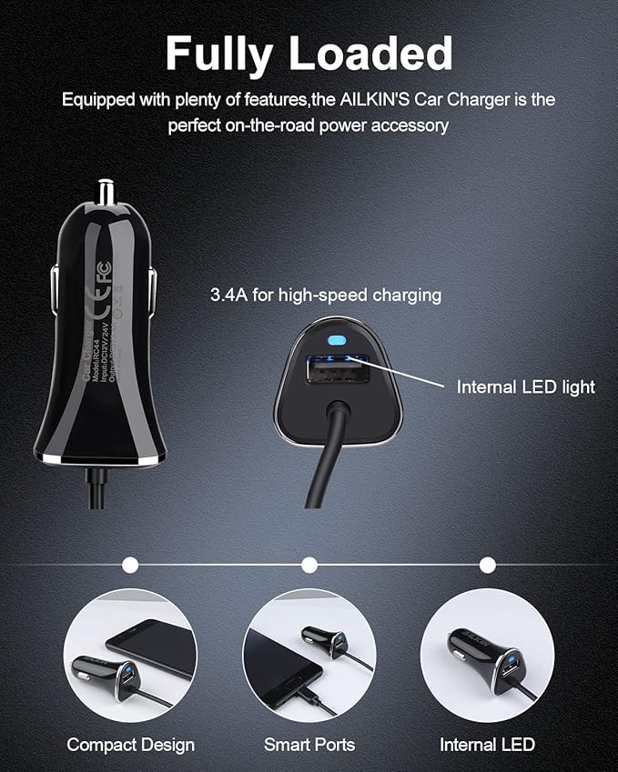 USB-C Car Charger, 3.4A USB Type C Car Charger Adapter & Fast Charge Cable Cords Cargador USBC Lighter for Samsung Galaxy S26 S25 S24 S23 S22 A17, iPhone 17e 17 16e 16 15 Pro Max Android Cigarette 12V