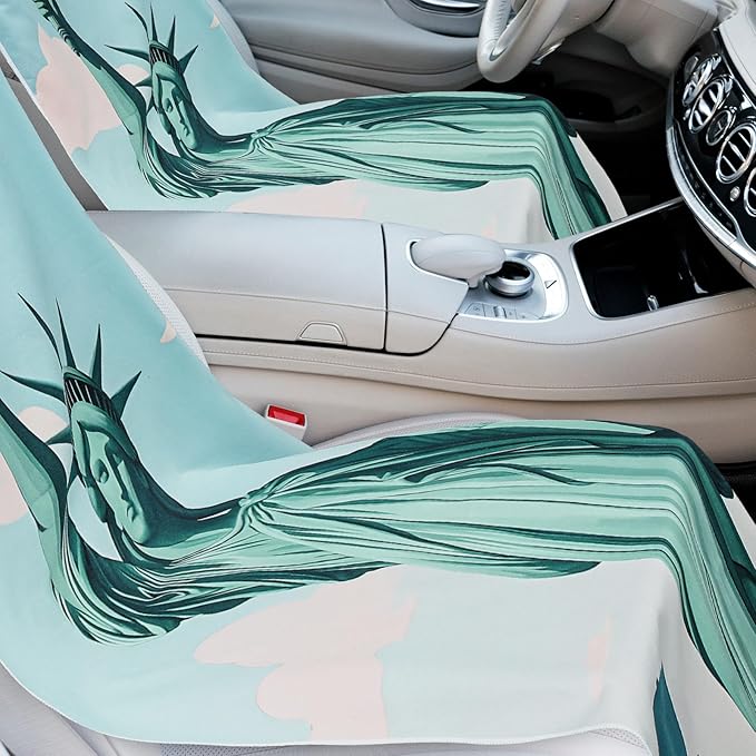 Hahafelt 2 Pack Car Seat Towel Covers with Storage Bag, 63 x 32 Inch Universal Non Slip Waterproof Sweat Protector for Car Truck, Gym Swimming Running, Machine Washable (Statue of Liberty)