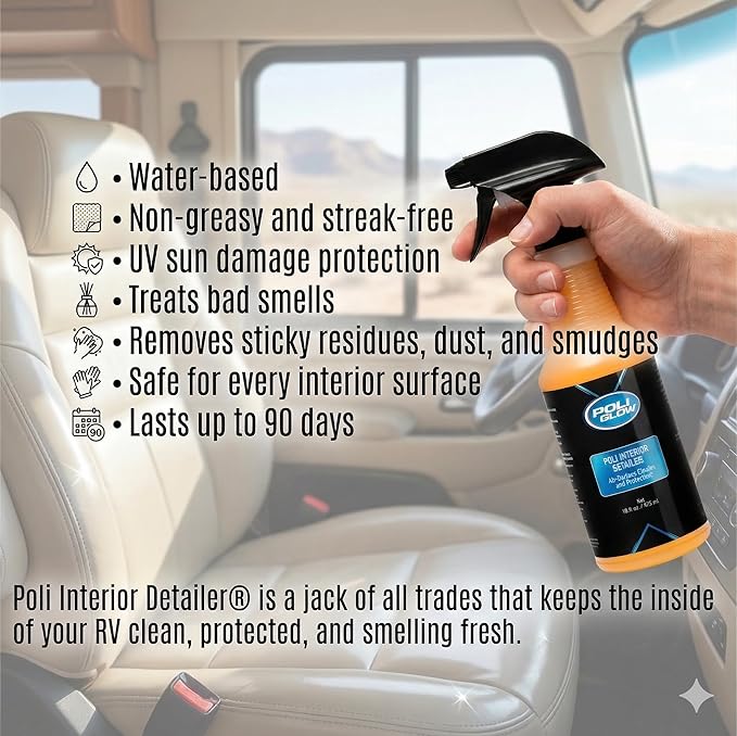 Poli Glow® Interior Detailer – 16 oz All-Surface Cleaner & UV Protectant for Boats, RVs, Cars – Water-Based, Streak-Free, Non-Greasy Interior Spray for Vinyl, Leather, Plastic, Glass & More