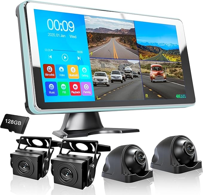 ASLONG 4CH Dash Cam Backup Camera with 9.36" Quad Split Touch Screen & 4 AHD Front Rear Sides View Camera with DVR Recording Avoid Blind Suitable for RV Semi Van Trailer Truck