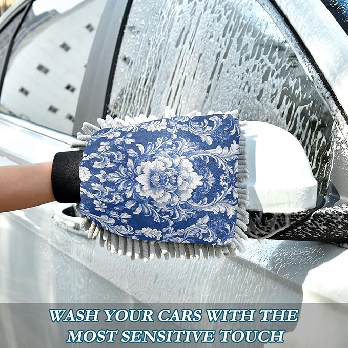 Kigai Antique Arabesque Car Wash Mitt 2PCS Ultra Absorbent Chenille Microfiber Car Washing Glove Scratch Free Lint Free Wash Sponge Auto Cleaning Glove, 11.8x8.1 inch