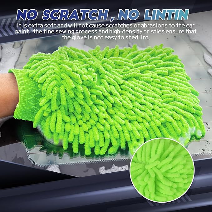 Wuyaoyao 2PCS Car Wash Mitt, 10.14"×7.12" Chenille Microfiber Car Wash Mitts, Scratch-Free & Lint-Free, Absorbent Double Sided Clean Glove for Cars Cleaning, Auto Cleaning Supplies (Fluorescent Green)