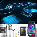 Car Atmosphere Light Kit 8m Fiber Optic Multicolor Sound Active Music Sync Memory Function RF Remote Controller + Bluetooth APP Control 64 Colors USB Car Interior Footwell Ambient Lighting Kit