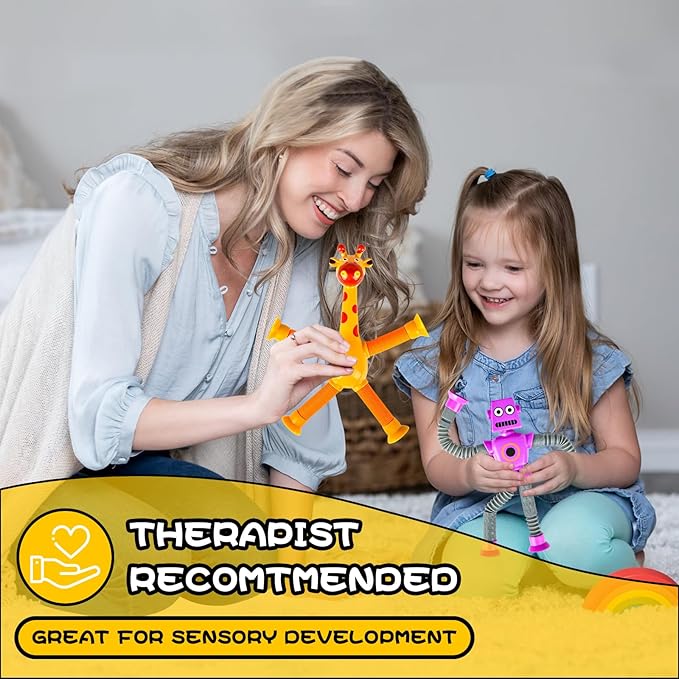 8pc Robot Giraffe Sensory Travel Toys for Toddlers Boy Ages 3 4 5 6 7 8, Airplane Activities Suction Autism Pop Tube Fidget Autistic Stocking Easter Basket Stuffer Valentine Gift for Kids