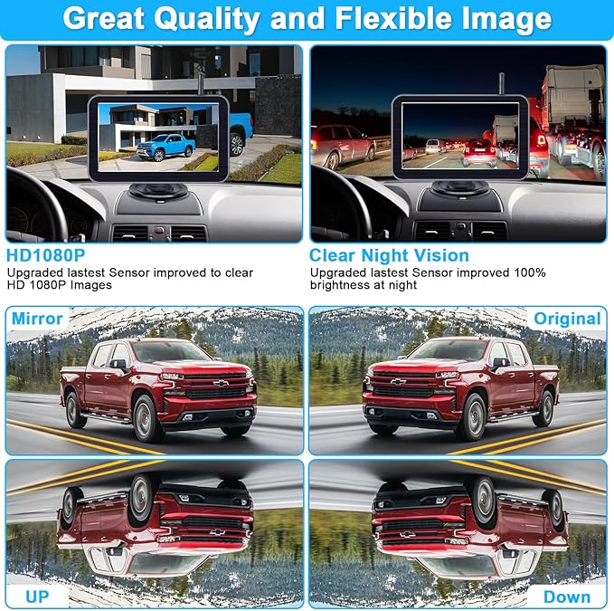 HD 1080P 7 inch Wireless Backup Camera for Truck: 15-Min Easy Install 0.01 Lux Starlight Clear Night Vision Rear View Camera for Pickup SUV Car Parking Safety Assistance