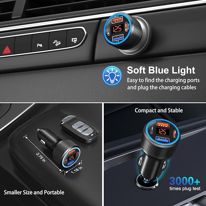 USB C Car Charger 3 Pack, Costyle 65W 4 Port Car Power Adapter with Voltmeter PD 30W/QC 3.0 Fast Charging Cigarette Lighter USB Charger Plug for iPhone 16/15/14/13/12/11 Pro Max/Pad,Android(Black)