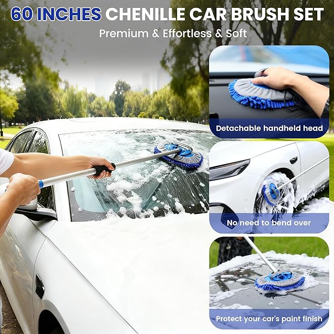 Car Wash Brush with Long Handle, 60'' Car Wash Mop, 7Pcs Chenille Microfiber Cars Washing Kit with Window Squeegee/Microfiber Towels /Wheel Brush for Cars RV Truck Boat Floor Window, Blue