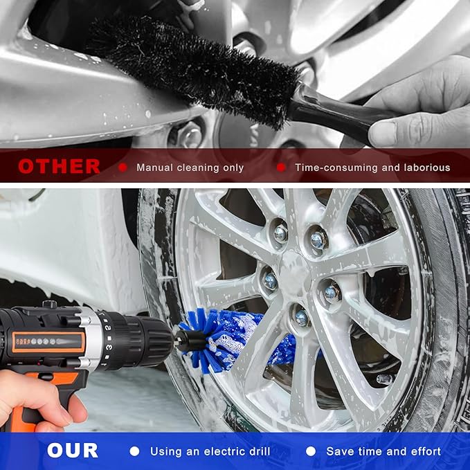 Drill Brush for Car Wheel, Highly Dense Wheel Rim Cleaning Brush with 1/4" Drill Shank, Durable Power Scrubber Brush Attachment for Auto Detailing Engines Exhaust Rims