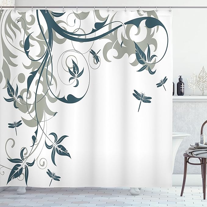 Ambesonne Dragonfly Shower Curtain, Swirled Floral Background Damask Curl Branches and Leaves Print, Cloth Fabric Bathroom Decor Set with Hooks, 69" W x 70" L, Dark Emerald