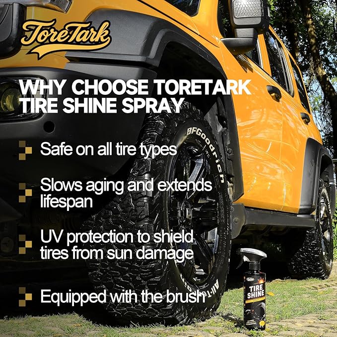 toretark Ceramic Tire Shine Spray — High-Gloss Wet Look Tire Coating with Ultra-Dense Nylon Brush Applicator, UV Protection, Long-Lasting Shine for Car Truck RV Motorcycle (3.4 Fl Oz)