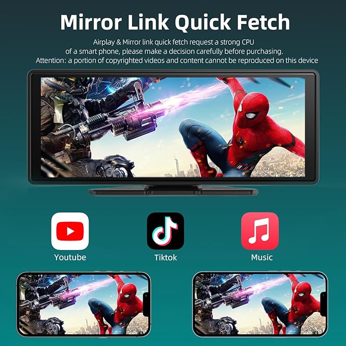 Portable CarPlay Screen for Car 10.26" HD IPS Touchscreen with 4K Dash Cam Front and Rear, 1080P Backup Camera Wireless Carplay & Android Auto Car Audio Receivers