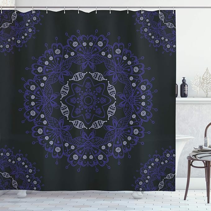 Ambesonne Dark Blue Shower Curtain, Oriental Round Ornate Mandala Lace Style Eastern, Cloth Fabric Bathroom Decor Set with Hooks, 69" W x 84" L, Blue Violet Coconut