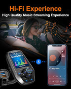Upgraded Bluetooth 5.3 FM Transmitter for Car, Wireless Radio Adapter Kit W 1.8" Color Display Hands-Free Call AUX in/Out SD/TF Card USB Fast Charging 18W for All Smartphones Audio Players - Pewter