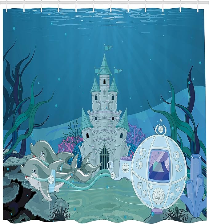 Ambesonne Ocean Shower Curtain, Mermaid Castle with Dolphins Moss Fish Sun Beams Art Print, Cloth Fabric Bathroom Decor Set with Hooks, 69" W x 70" L, Turquoise Teal