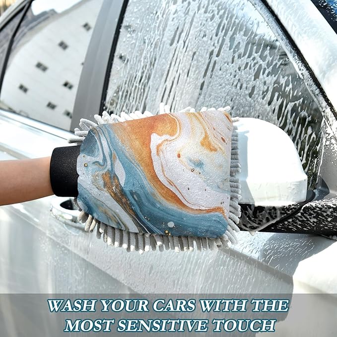 YETTASBIN Blue Gold Marble 2PCS Car Wash Mitts, Ultra Absorbent Chenille Microfiber Car Washing Gloves, Scratch-Free Lint-Free Auto Cleaning Mitt, Machine Washable Elastic Cuff Car Wash Sponge