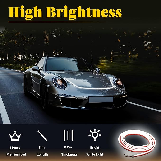 DIBMS 71" High Brightness Car Hood Gap LED Strip, LED Car Ambient Light, Dynamic Scan Activated Design, Daytime Driving Kits, Car Accessories Eclipse LED Lights (White)