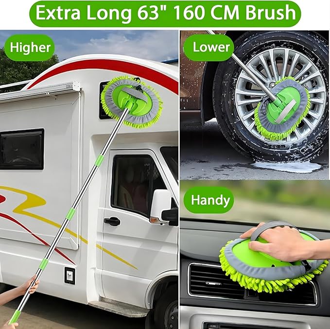 WillingHeart 63" Car Wash Mop Brush Tool Mitt with Long Handle Length More Suitable for Washing Cars Truck, SUV, RV, Trailer, 2 in 1 Chenille Microfiber Duster Not Hurt Paint Scratch Free, Green