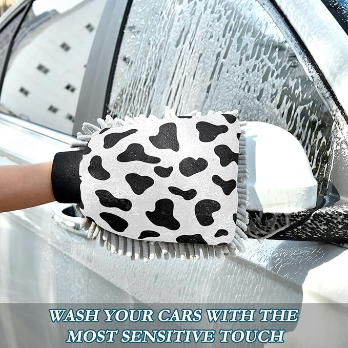 Qilmy Cow Print Pattern Microfiber Chenille Car Wash Sponge Scratch Free Car Wash Mitt Absorbent Mitt Sponge for Trucks SUVs Car Washing Home Cleaning, Large