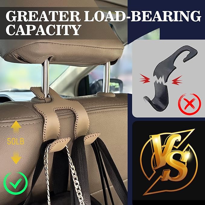 Upgraded Headrest Hooks for Purses and Bags, 2 in 1 Car Back Seat Head Rest Hanger Matching Cars Interior Genuine Leather Vehicle Storage Holder Hook, 1 Pack, Black