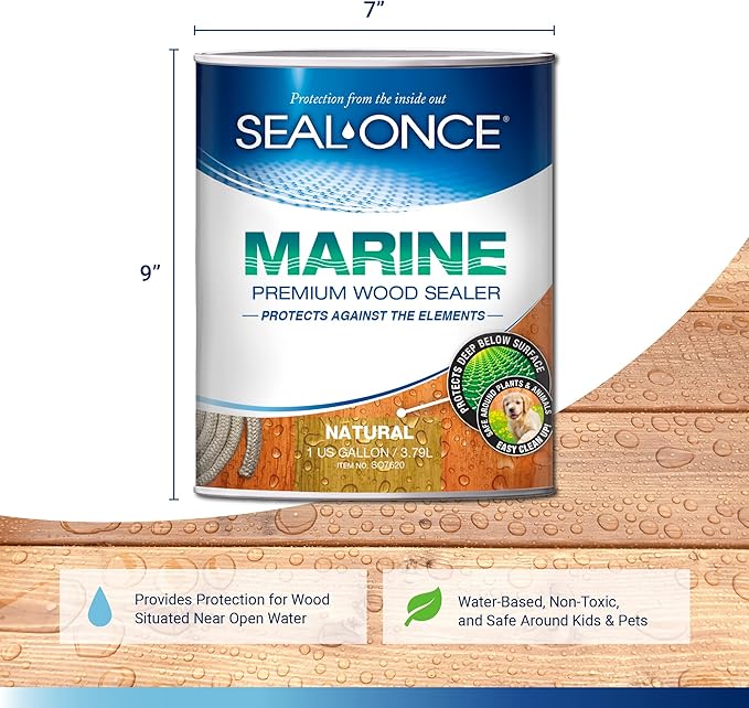 Seal-Once Marine Premium Wood Sealer - Waterproof Sealant - Wood Stain and Sealer in One - 1 Gallon Natural