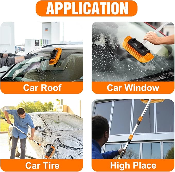 LAANPOLE 12FT Car Wash Brush with Long Handle, Car Cleaning Brush with 12 Inch Soft Bristle and Soap Dispenser, Solar Panels Cleaner with Telescoping Pole for RV, Truck, Boat, House Siding, Orange