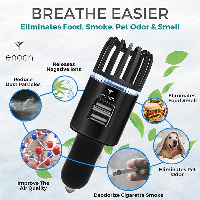 Enoch Car Air Purifier Premium Air Ionizer - 12V Plug-In Ionic Ozone Deodorizer Accessory with Dual USB Car Charger - Eliminates Cigarette Smoke, Pet and Food Odors, Dust (Black)