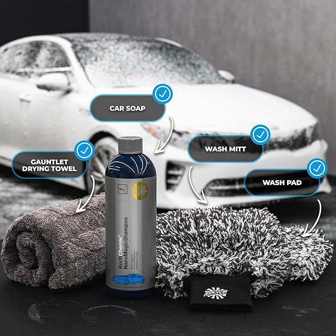 The Rag Company - 4-Piece Premium Essential Car Wash Kit - Includes Famous Gauntlet Drying Towel, Cyclone Wash Mitt + Wash Pad, and Premium NanoMagic Car Shampoo