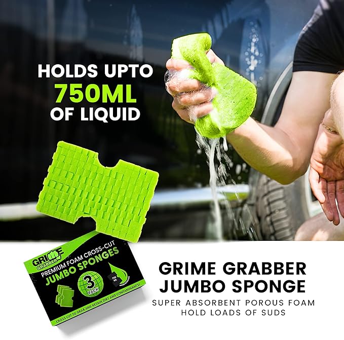 Jumbo Cross-Cut Grid Sponge 3-Pack | All-Purpose, Durable, Extra Absorbent Sponge for Cleaning | Large, Easy-Grip Car Cleaning Sponge | Soft, Scratch-Free Multi-Use Sponge