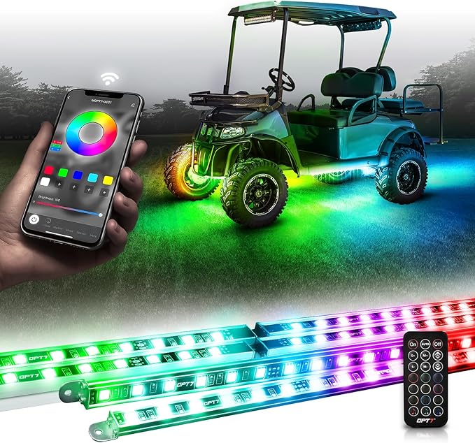 OPT7 Aura 12V DreamColor Underglow Chasing Lights for Golf Cart w/APP & Remote Control, Waterproof Rigid Aluminum Light Bar, Decorative RGB-IC Car LED Lighting Kit, EZGO Yamaha Club Car Universal Fit