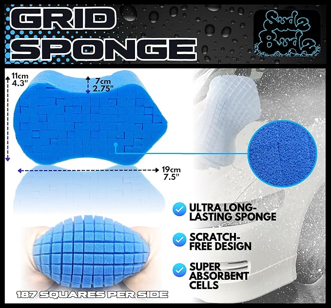 Sudz Budz® Premium Foam Ergonomic Grid Car Wash Sponge 1pc | Anti-Marring Sponge for Soap and Rinseless Washing | Cross-Cut, Easy Grip, Durable, Soft, Scratch-Free Car Cleaning and Detailing