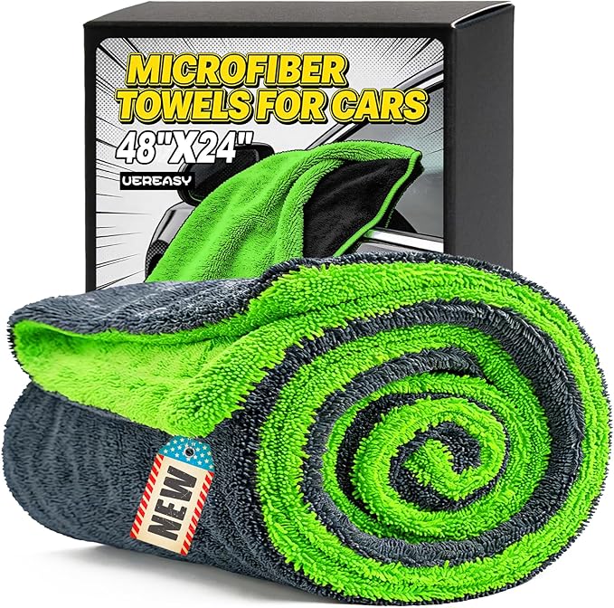 Car Microfiber Towel for Cars, 48”x24”, 1400GSM Super Absorbent, Drying Towels for SUV, Scratch-Free, Machine Washable (Darkgray-GreenYellow)