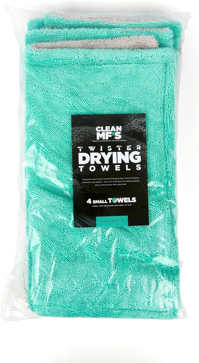 Clean Garage The Twister Small Drying Towels | 4 Pack | 16x16 | Twist Loop 1200 GSM