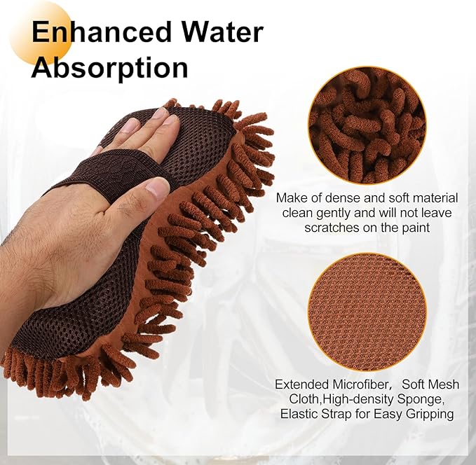 HARFINGTON Car Wash Sponge 8.7" x 4.3" Chenille Microfiber Mitt Scratch-Free Absorbent Scour Scrubber Cleaning Sponge for Washing Detailing on Cars, Trucks, SUV, Boats, RVs, Coffee