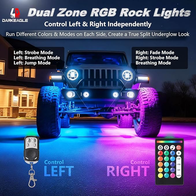 10Pods RGB LED Rock Lights for Jeep Trucks Golf Cart ATV UTV RZR SUV Offroad,Multicolor Underglow Light Kit with APP/RF Remote Dual Zone Neon Vehicle Accent Underbody Light 12V Waterproof