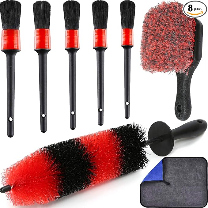 TAKAVU Complete Car Wheel Detailing Kit (8pcs) - Safe Scratch-Free 17" Barrel Brush, Tire Scrubber, 5 Detail Brushes & Towel for Rims, Interior, Exterior
