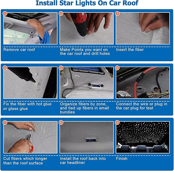 AMKI Updated 16W RGBW Fiber Optic Light Twinkle + Sound Activated 300pcs 0.03in 9.8ft Cables APP Remote Music Control Car Home Starlight Headliner Star Ceiling Light Kit