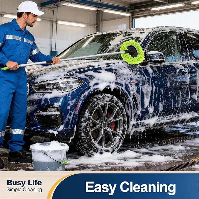 Yocada Car Wash Brush Kit Chenille Microfiber Car Wash Mop Mitt with Long Handle Scratch-Free for Car Cleaning Brush Care Truck RV SUV Boat Windshield Window with 1 Replacement Head 60"