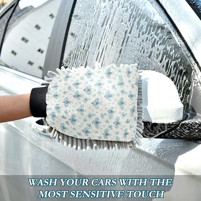 Qilmy Small Blue Bonnet Bees Microfiber Chenille Car Wash Sponge Scratch Free Car Wash Mitt Absorbent Mitt Sponge for Trucks SUVs Car Washing Home Cleaning, Medium
