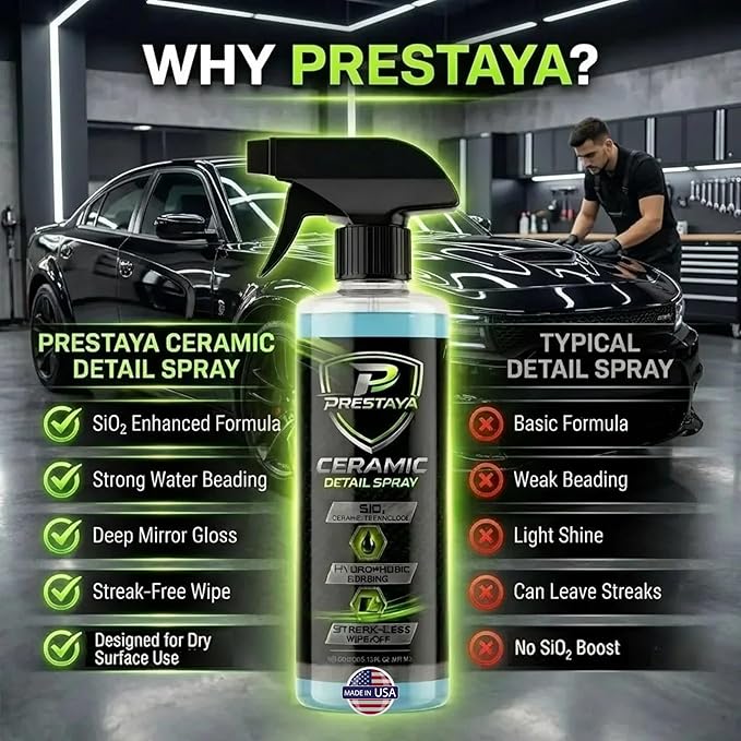 Premium Ceramic Detail Spray 16 fl oz, SiO2 Quick Detailer for Cars, Waterless Wash & Gloss Booster, Hydrophobic Water Beading, Streak-Minimized Wipe-Off, for Paint, Glass, Chrome & Trim