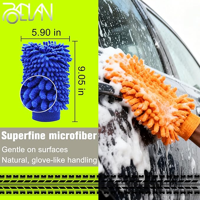Raeyuan 3-Pack Car Wash Mitt, Premium Chenille Microfiber Wash Glove for Auto Detailing, Scratch Free & Lint Free Cleaning Kit with Elastic Cuff, Color Coded System (Blue, Orange, Green)