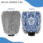 Kigai Antique Arabesque Car Wash Mitt 2PCS Ultra Absorbent Chenille Microfiber Car Washing Glove Scratch Free Lint Free Wash Sponge Auto Cleaning Glove, 11.8x8.1 inch