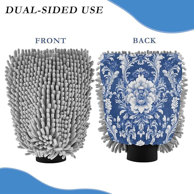 Kigai Antique Arabesque Car Wash Mitt 2PCS Ultra Absorbent Chenille Microfiber Car Washing Glove Scratch Free Lint Free Wash Sponge Auto Cleaning Glove, 11.8x8.1 inch