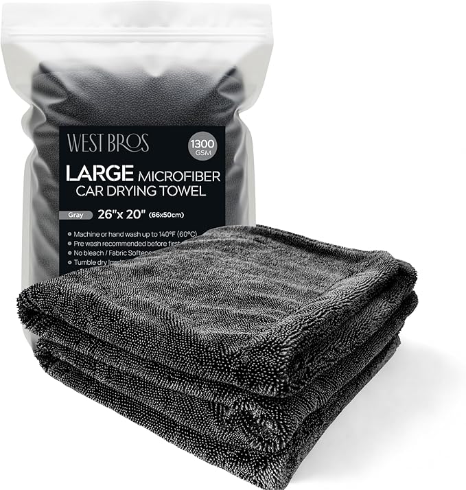 Large Car Drying Towel, 1300 GSM Professional Car Towel with Double Twisted Loop,Super Absorbent Large Microfiber Drying Towels for Cars, Trucks, SUVs - 20"x26", Gray