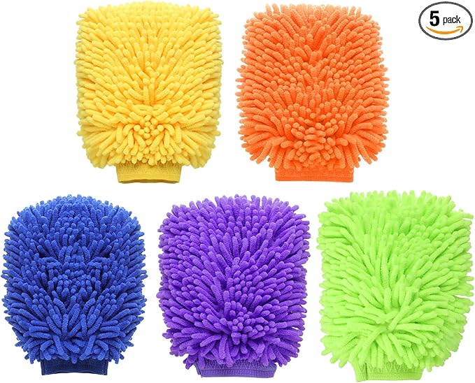 HARFINGTON 5pcs Chenille Microfiber Car Wash Mitts 9" x 5.5" Scratch Free Wash Gloves Absorbent Double Sided Plush Cleaning Drying Mitts for Car Washing Home Clean 5 Colors Mitts