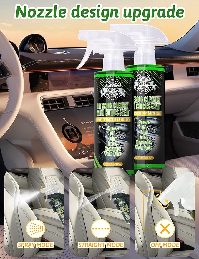 Car Interior Cleaner Spray, Multipurpose Leather Seat Cleaner Upholstery Car Cleaning Kit with Citrus Flavor Auto Dashboard Vinyl Detailing Supplies Kit,10 OZ